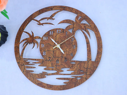 Laser Cut Wooden Beach Palm Trees Clock Vector
