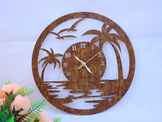 Laser Cut Wooden Beach Palm Trees Clock Vector