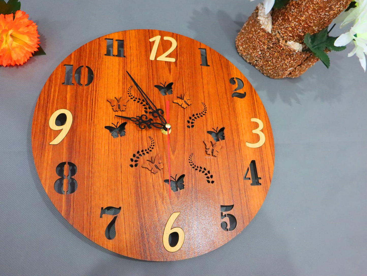 Laser Cut Flowerish Butterfly Wooden Wall Clock Vector