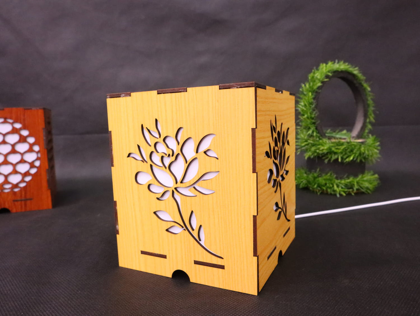 Laser Cut Wooden Floral Lamp Box Vector