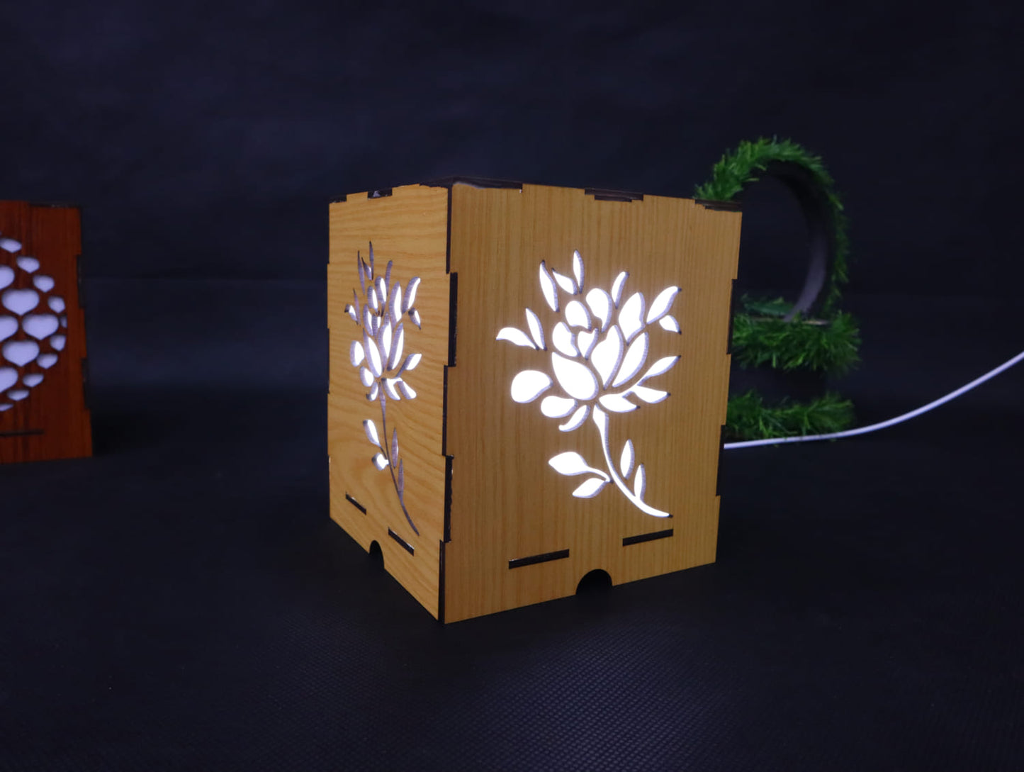 Laser Cut Wooden Floral Lamp Box Vector