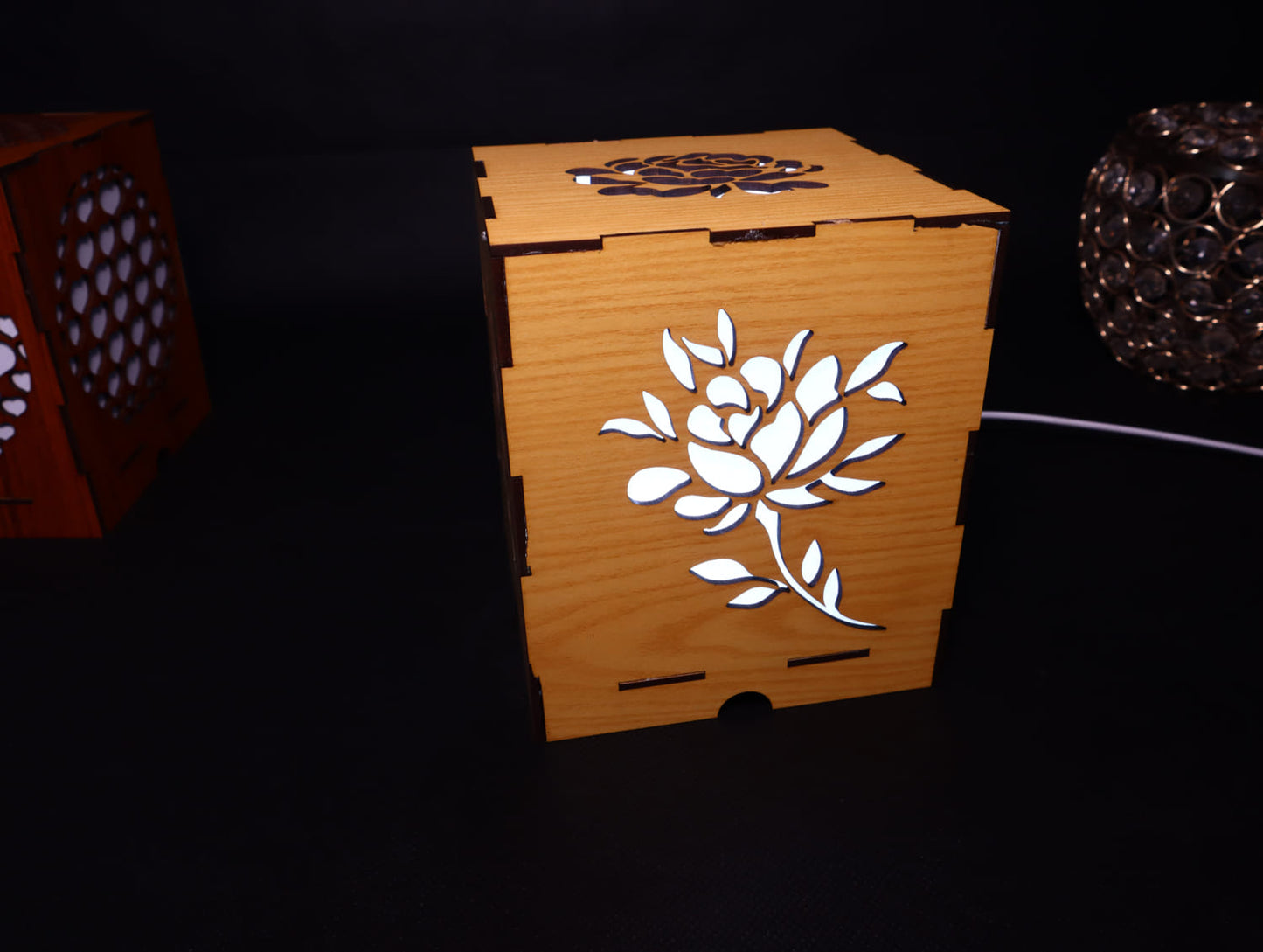 Laser Cut Wooden Floral Lamp Box Vector