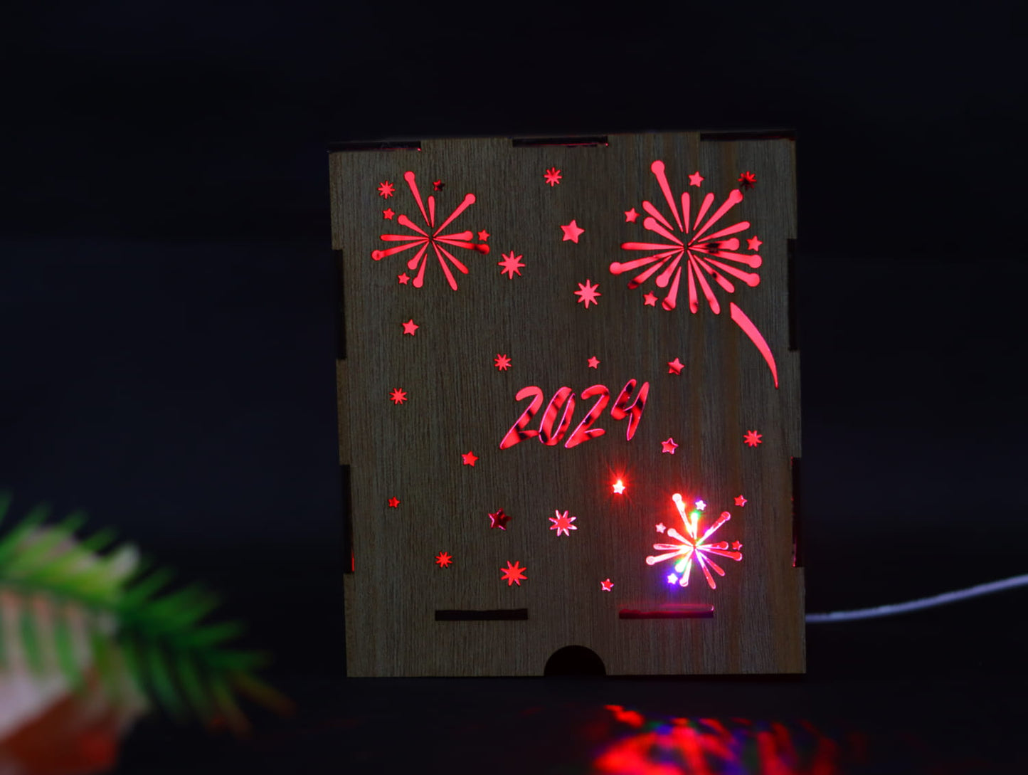 Laser Cut Wooden New Year Night Light Lamp Vector