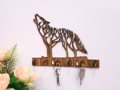 Laser Cut Howling Wolf Key Holder Vector