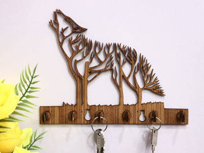 Laser Cut Howling Wolf Key Holder Vector