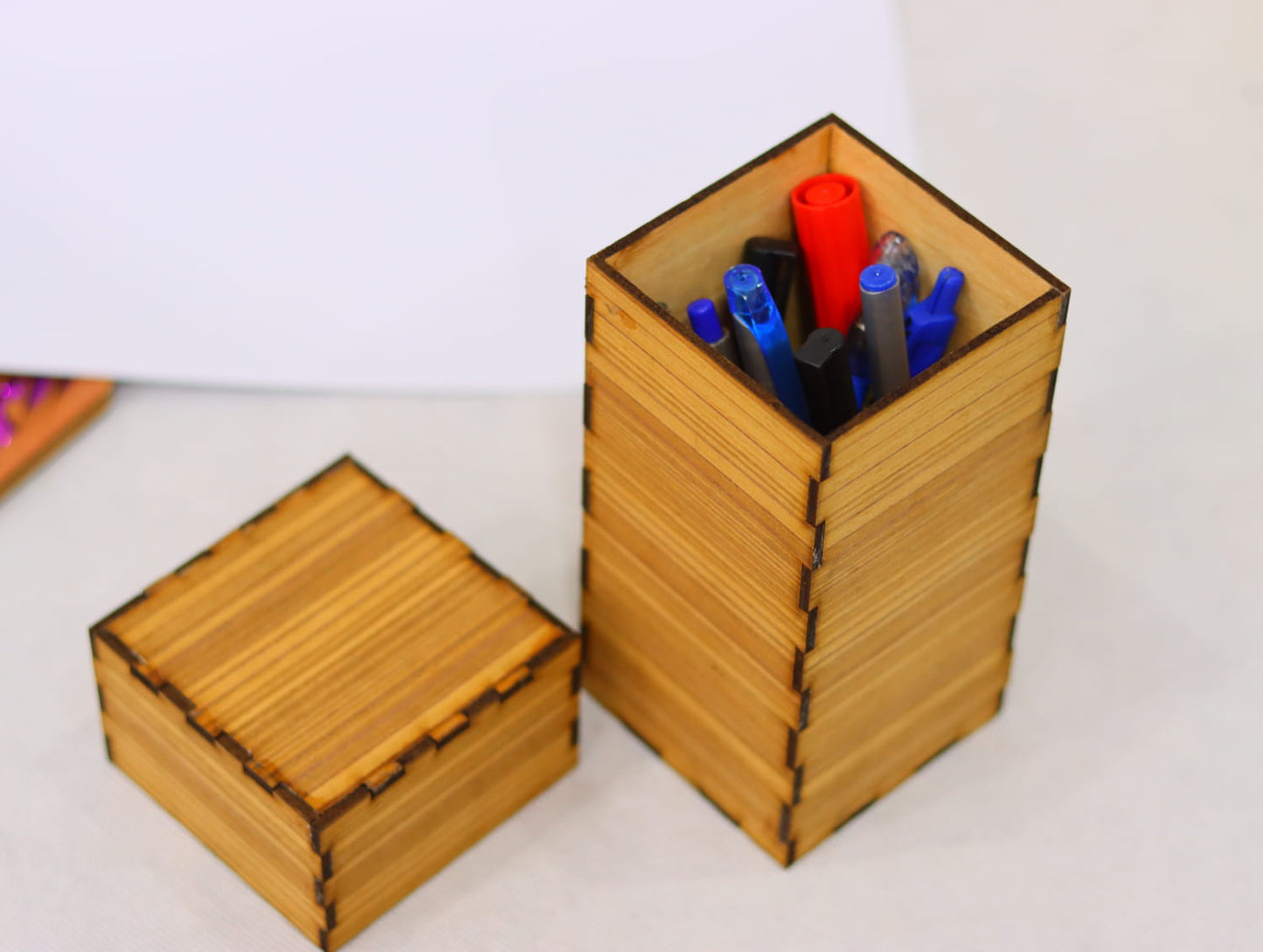 Laser Cut Wooden Pen Holder Storage Box Vector