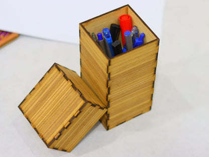 Laser Cut Wooden Pen Holder Storage Box Vector