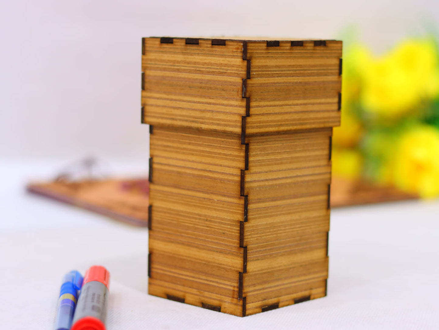 Laser Cut Wooden Pen Holder Storage Box Vector