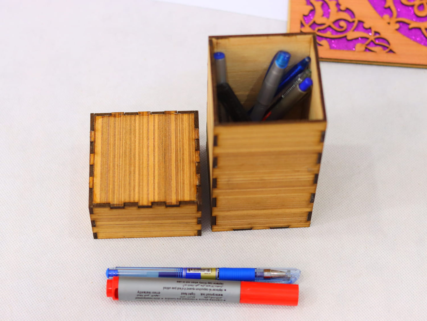 Laser Cut Wooden Pen Holder Storage Box Vector