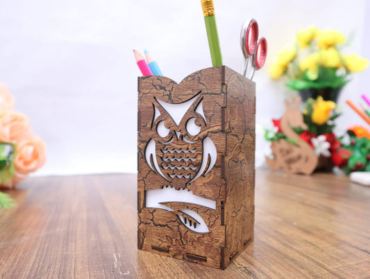 Laser Cut Wooden Owl Pen Holder 3mm Vector